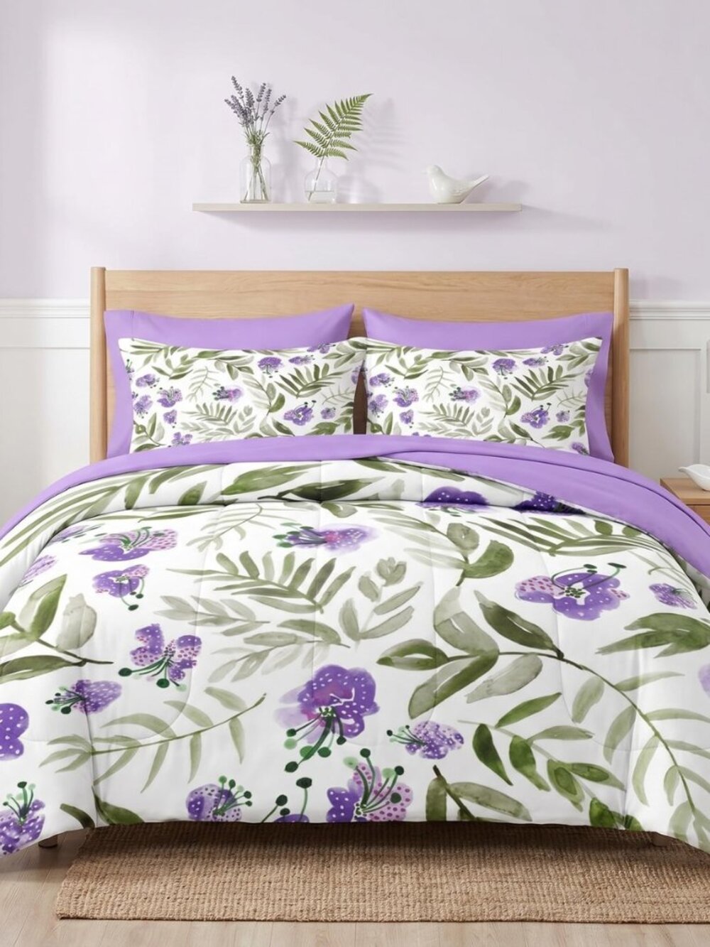Queen Comforter Set with Sheets, 7 Pieces Floral Purple Bedding